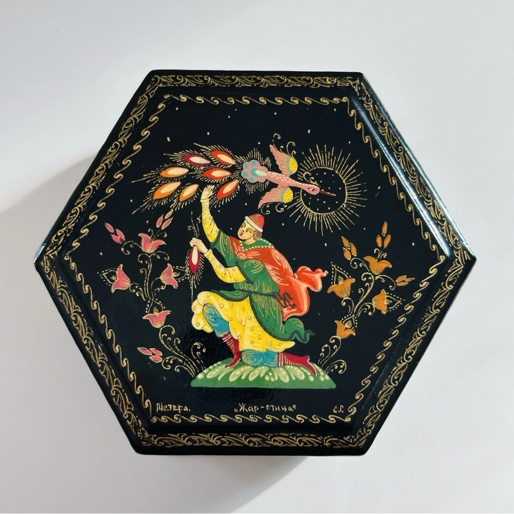 RARE Vintage Russian Hand-painted Black Lacquer Box with Hinged Lid